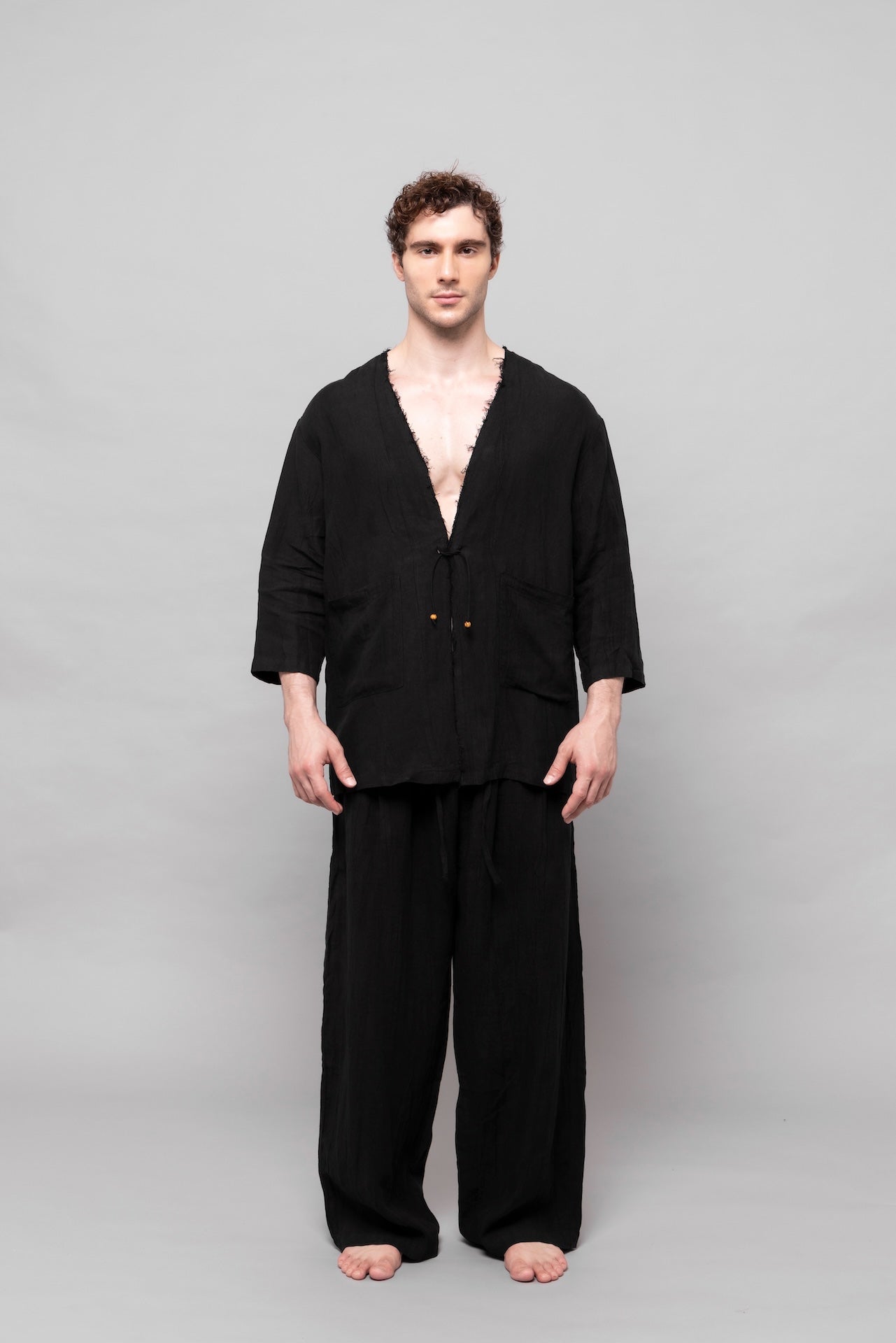 Raw Linen Cardigan Black