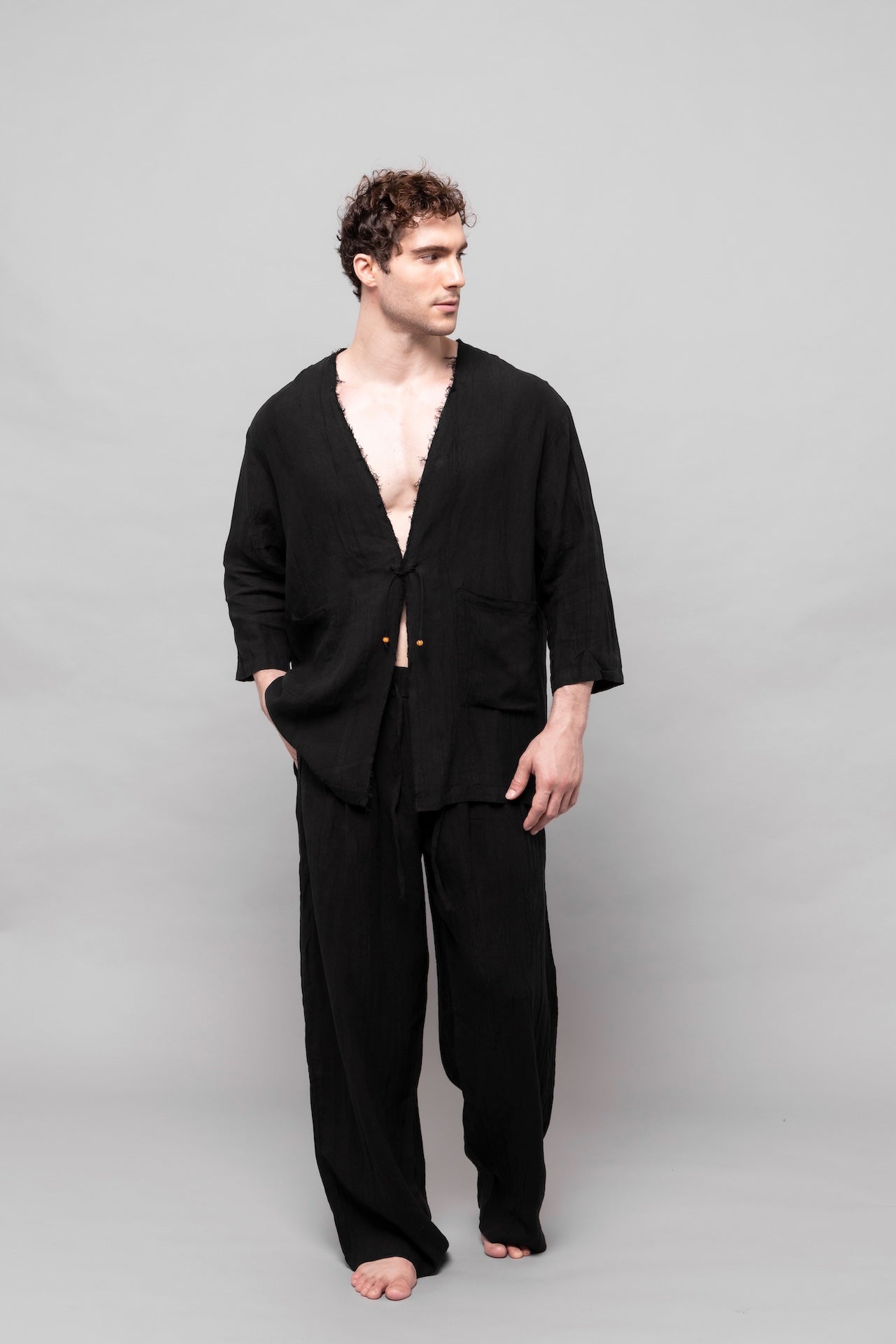 Raw Linen Cardigan Black