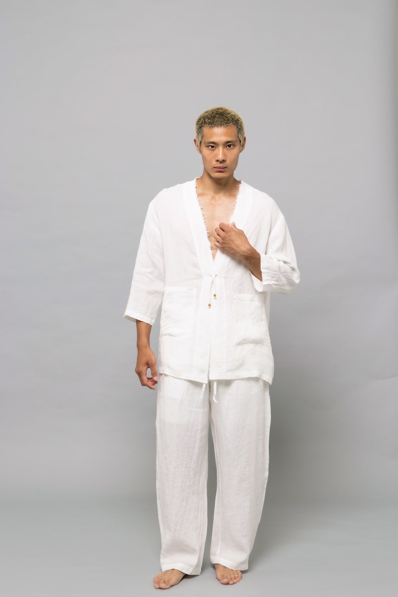 Raw Linen Cardigan White