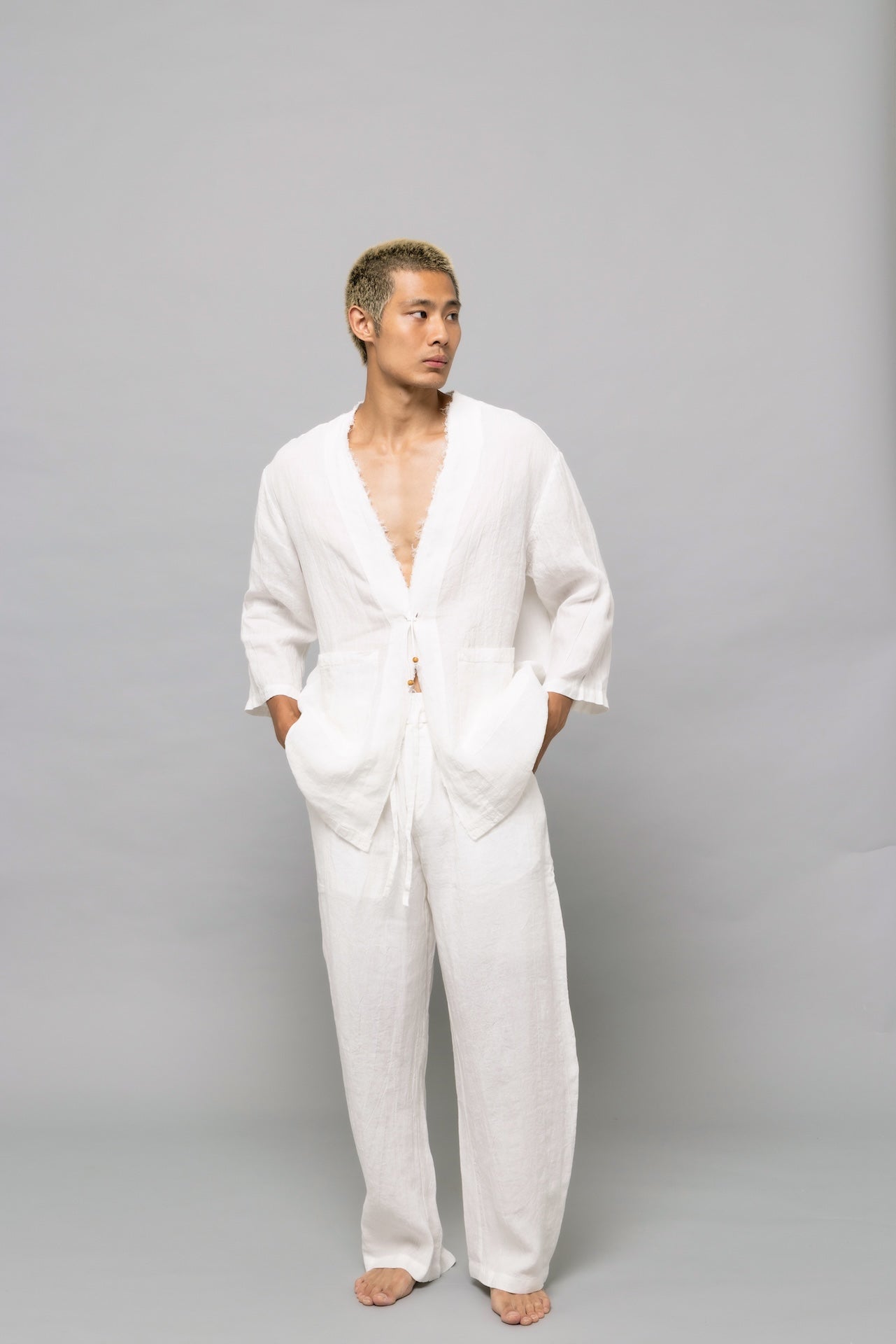 Raw Linen Cardigan White