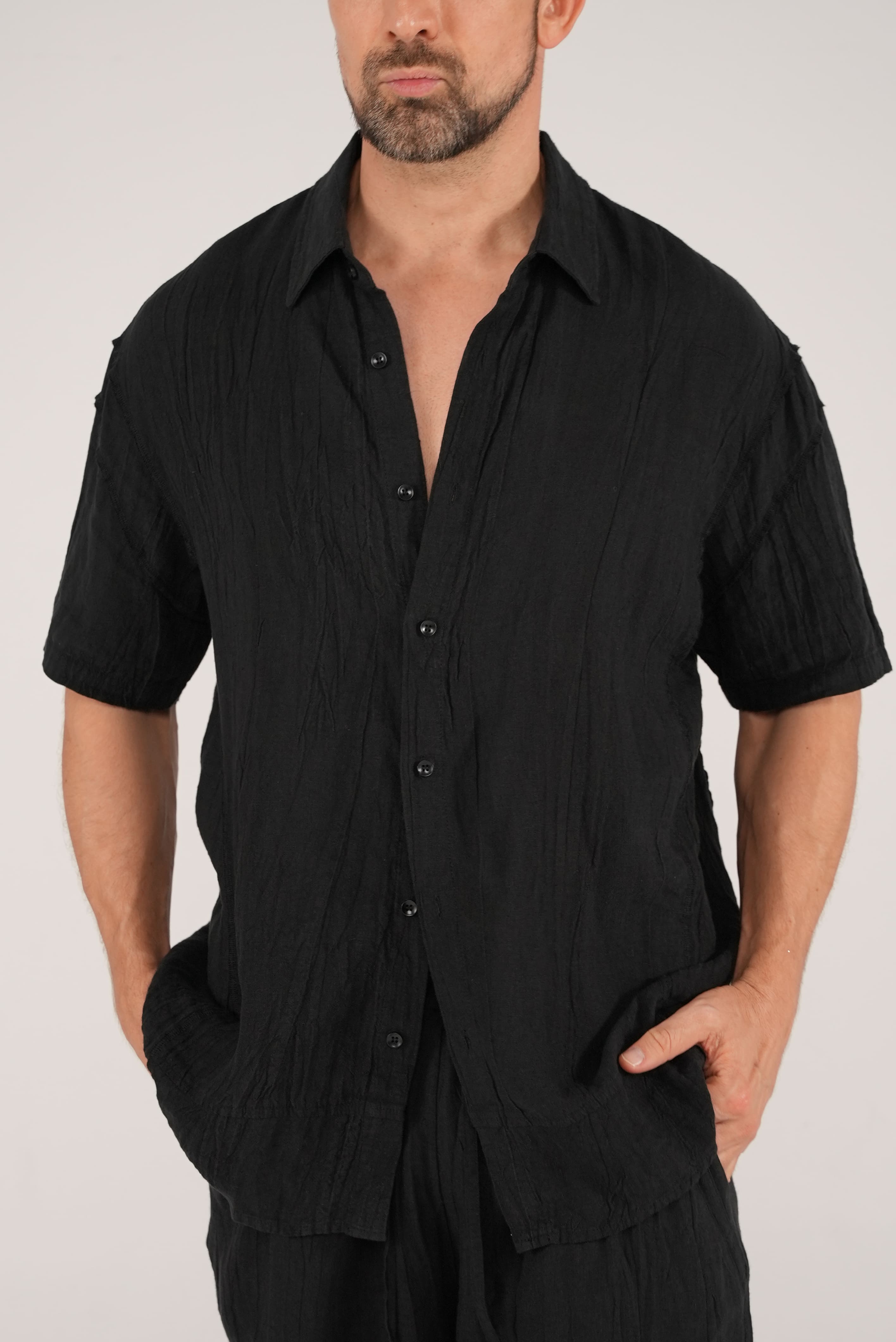 Layered Linen Shirt in Black
