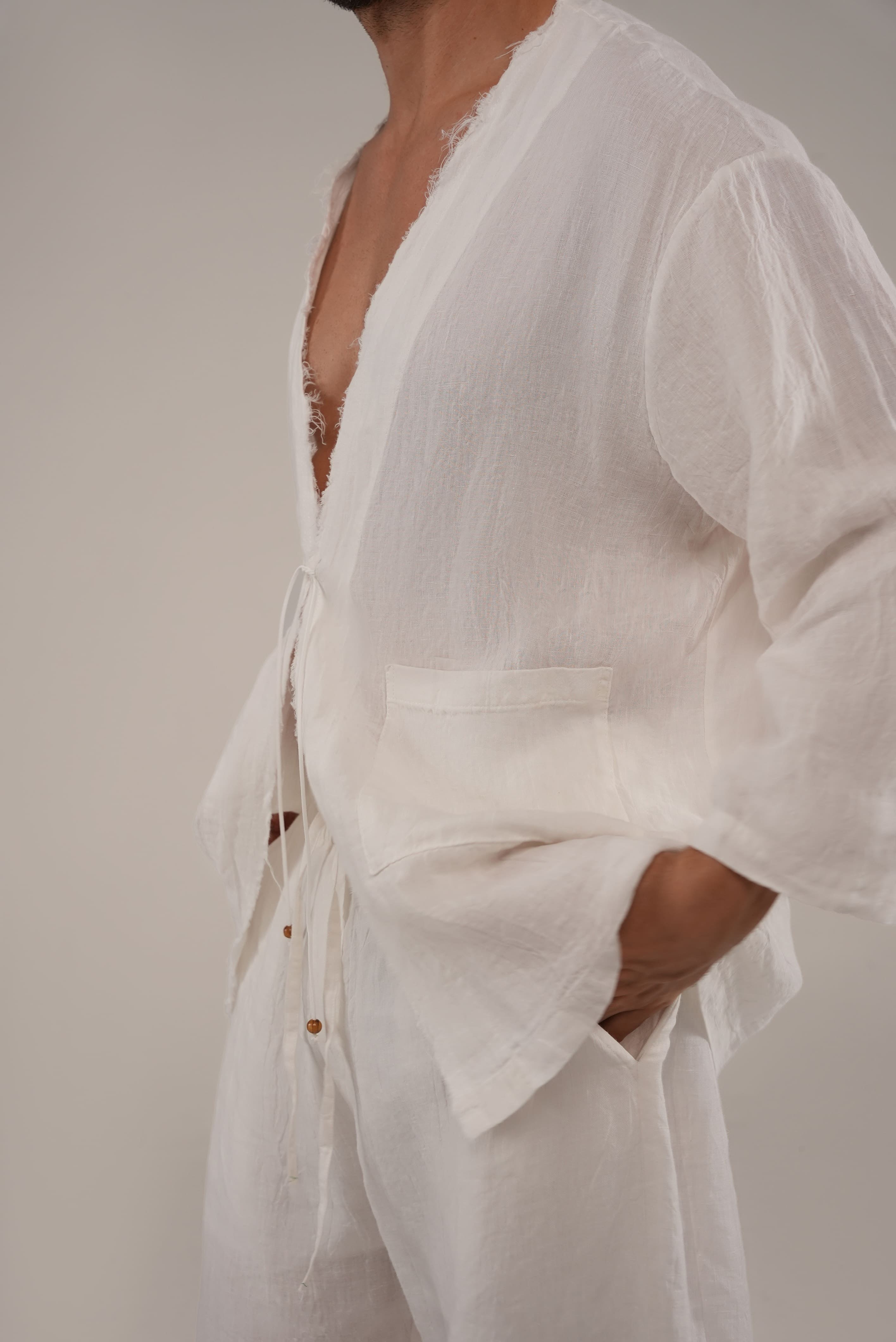 Raw Linen Cardigan in White